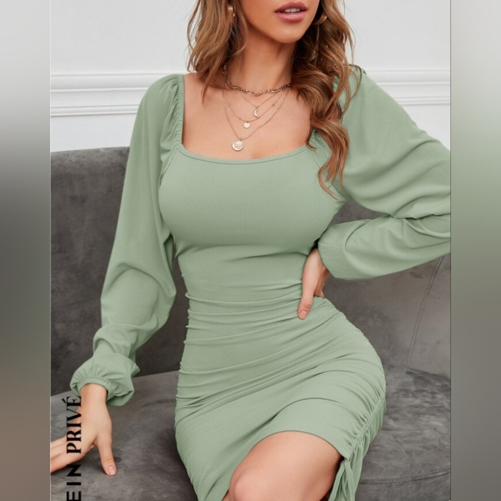 Privé Lantern Sleeve Drawstring Side Square Neck Bodycon Dress